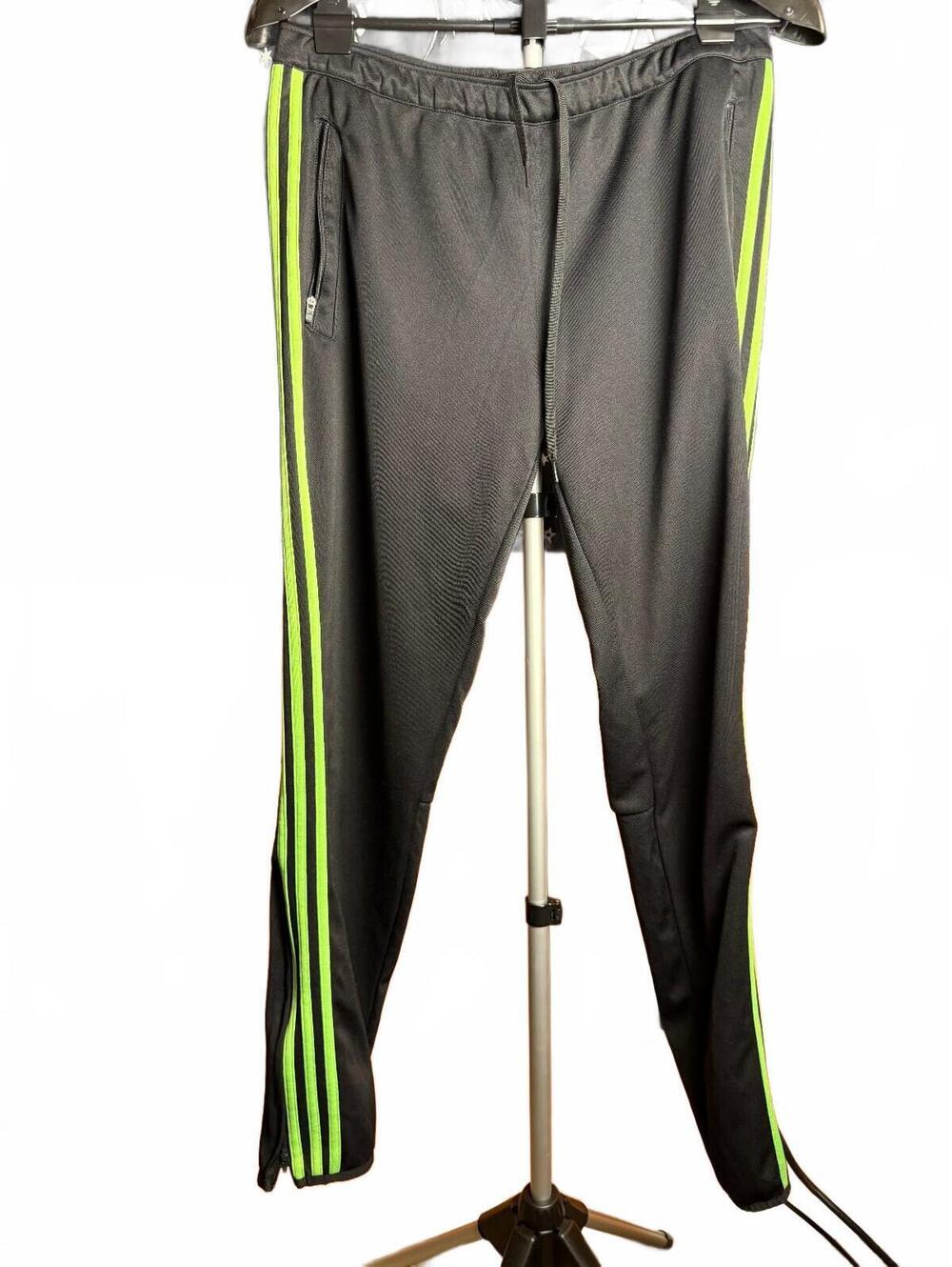 Adidas Mens Black Track Pants w Neon Green Stripes sz L climacool